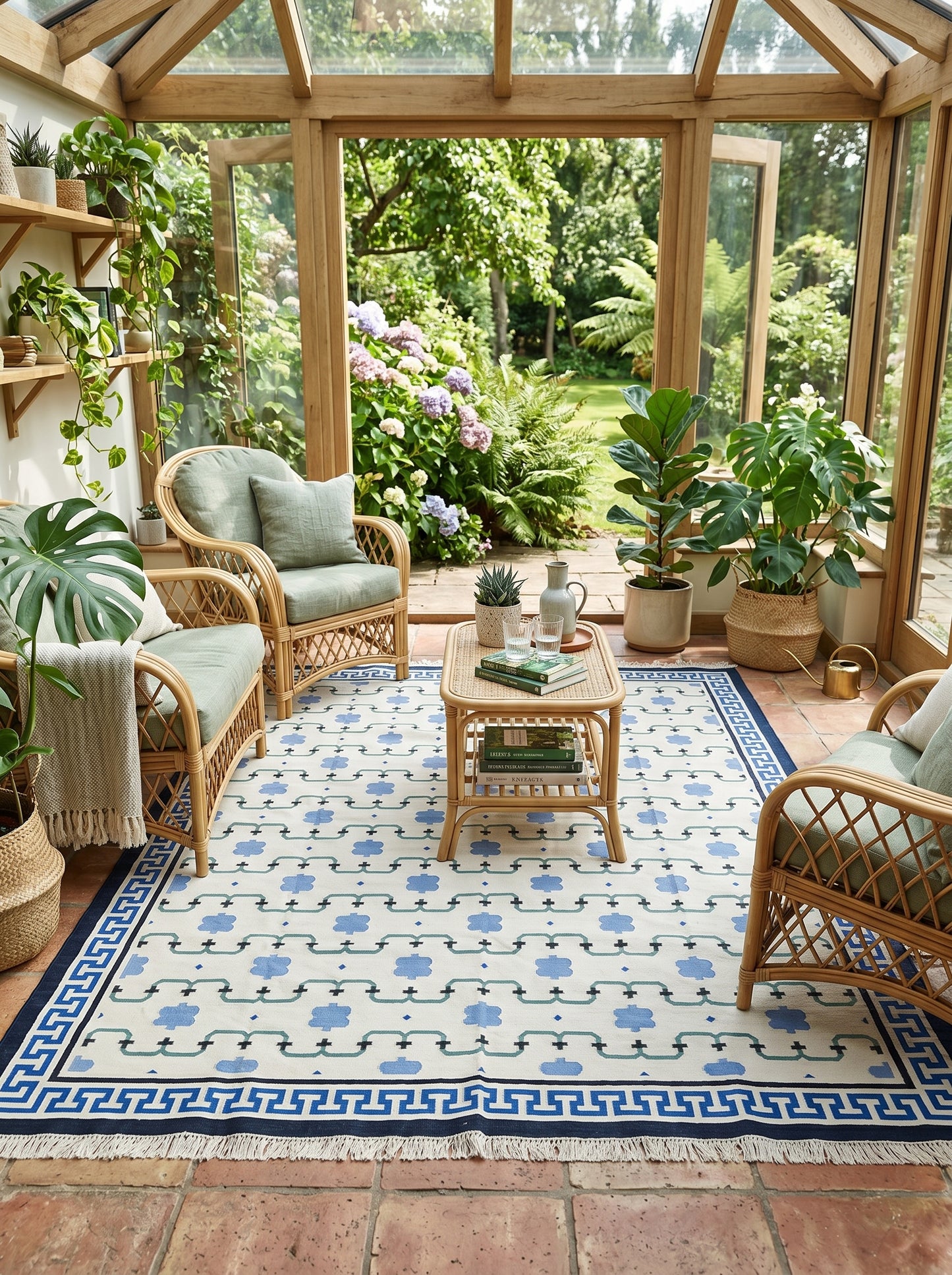 Marrakesh Meande Blue Greek Key Border Dhurrie