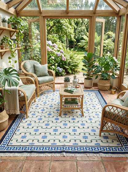 Marrakesh Meande Blue Greek Key Border Dhurrie