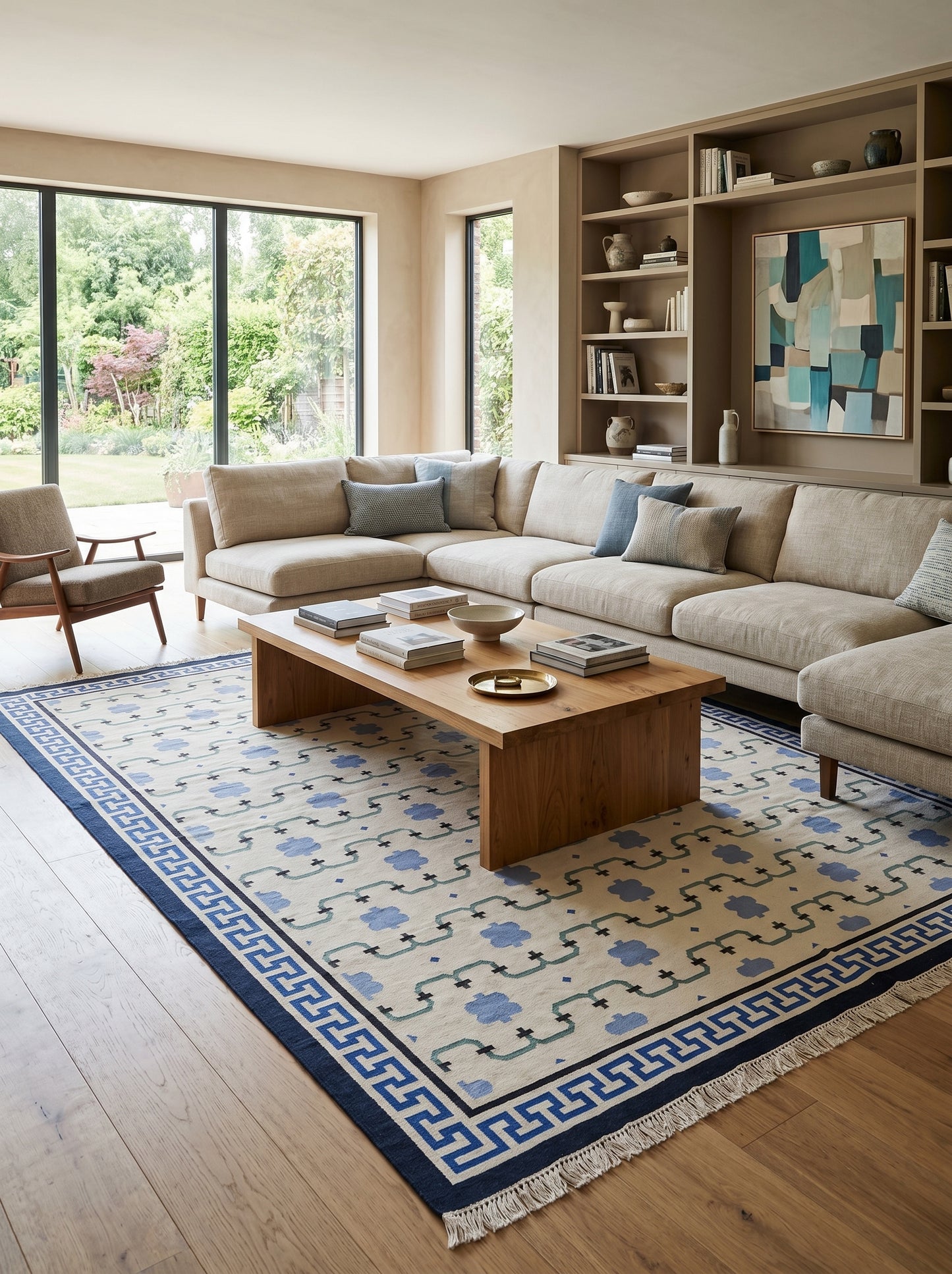 Marrakesh Meande Blue Greek Key Border Dhurrie