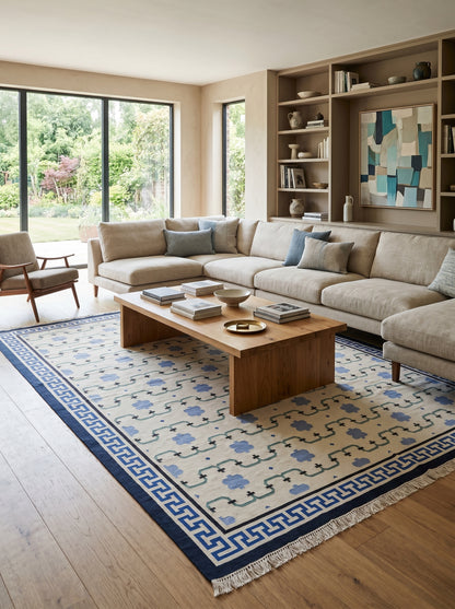 Marrakesh Meande Blue Greek Key Border Dhurrie