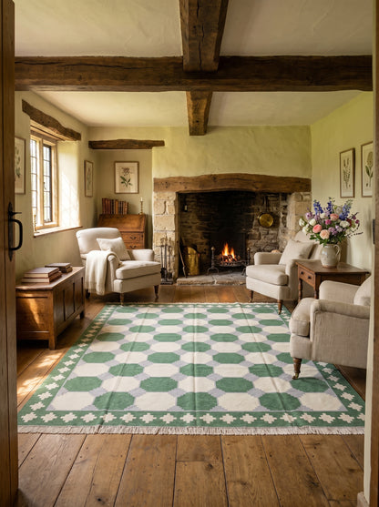 Emerald Octagon Verona Handwoven Cotton Dhurrie rug