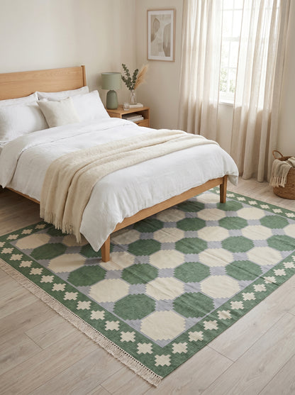 Emerald Octagon Verona Handwoven Cotton Dhurrie rug