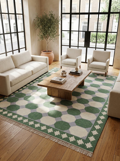 Emerald Octagon Verona Handwoven Cotton Dhurrie rug