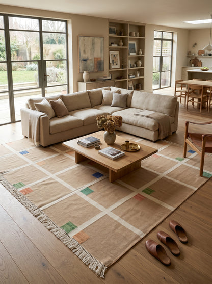 Bauhaus Grid Contemporary Neutral Windowpane Flatweave Area Rug