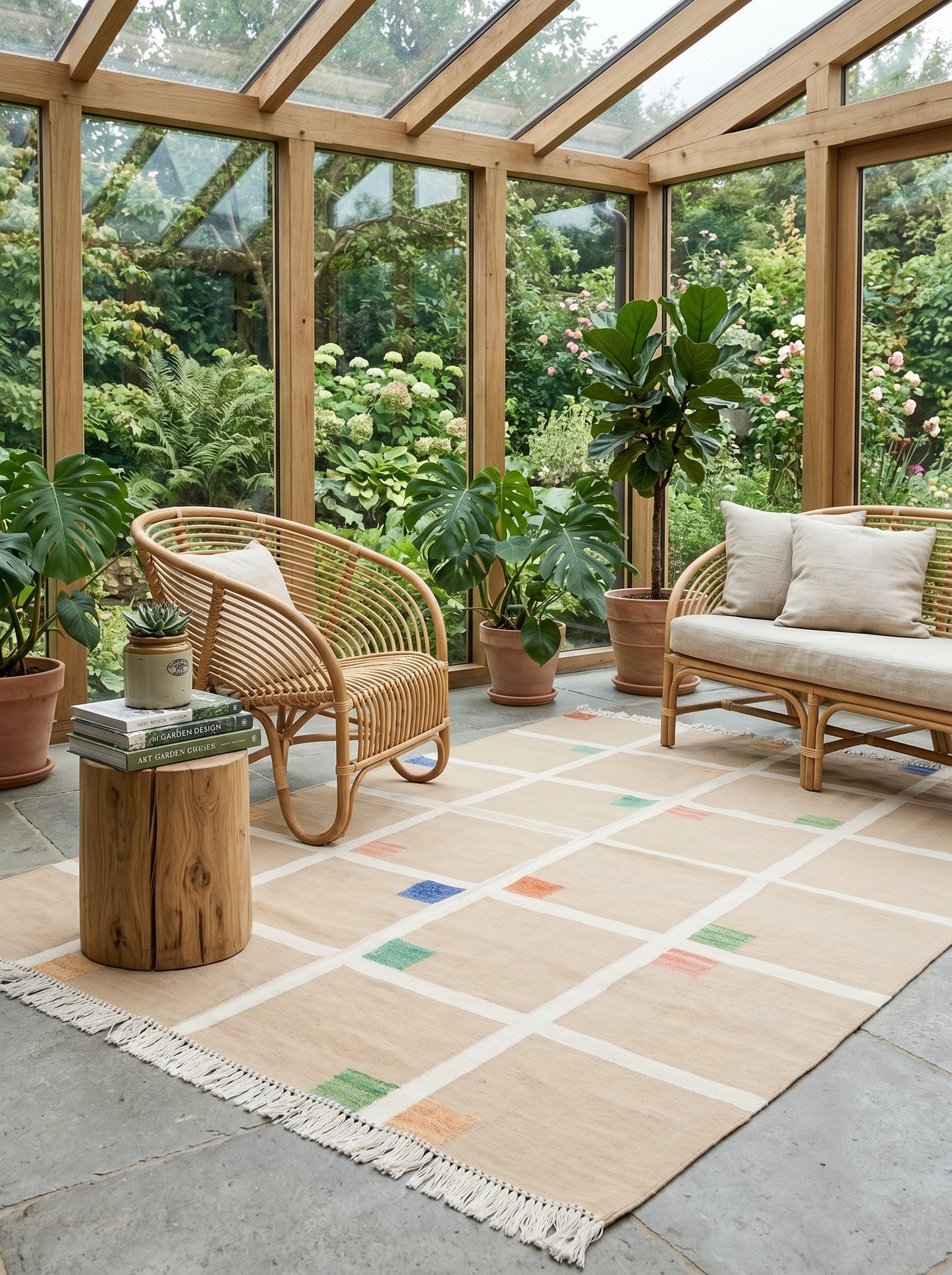 Bauhaus Grid Contemporary Neutral Windowpane Flatweave Area Rug