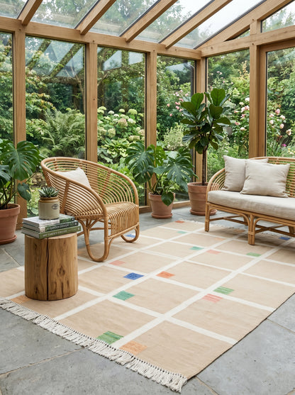 Bauhaus Grid Contemporary Neutral Windowpane Flatweave Area Rug