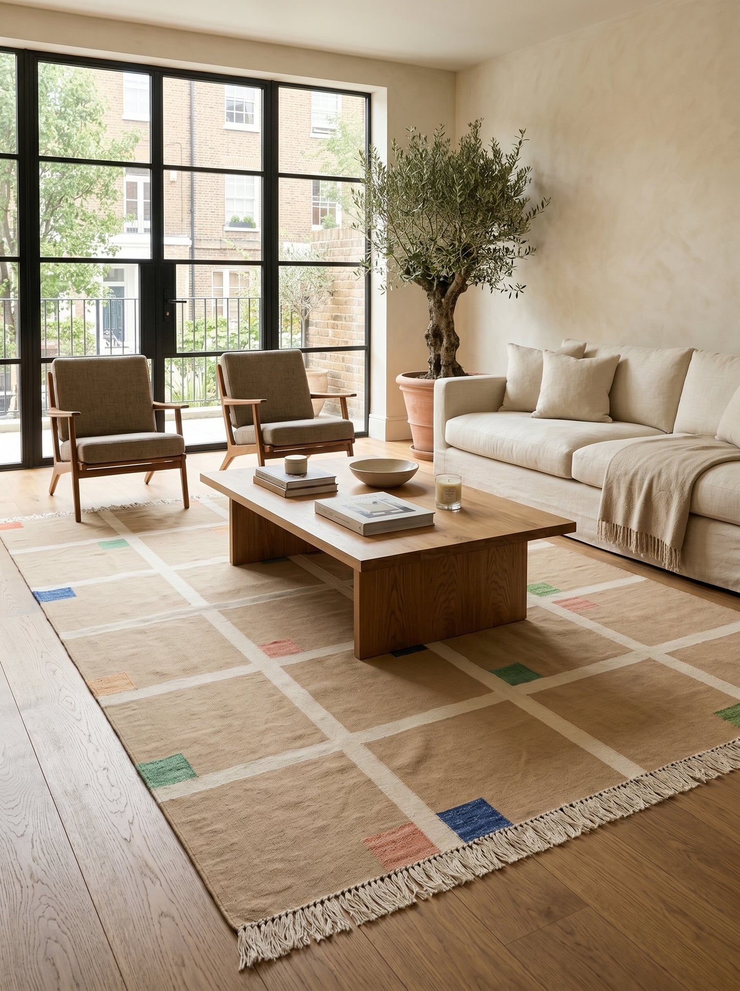 Bauhaus Grid Contemporary Neutral Windowpane Flatweave Area Rug