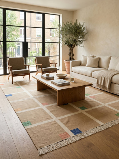 Bauhaus Grid Contemporary Neutral Windowpane Flatweave Area Rug