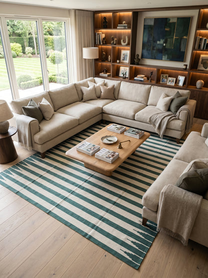 Sierra Stripe Deep Green and Ivory Minimalist Geometric Flatweave Area Rug