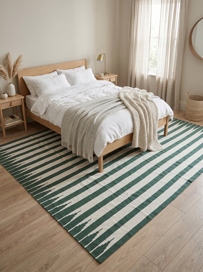 Sierra Stripe Deep Green and Ivory Minimalist Geometric Flatweave Area Rug