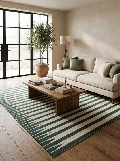 Sierra Stripe Deep Green and Ivory Minimalist Geometric Flatweave Area Rug