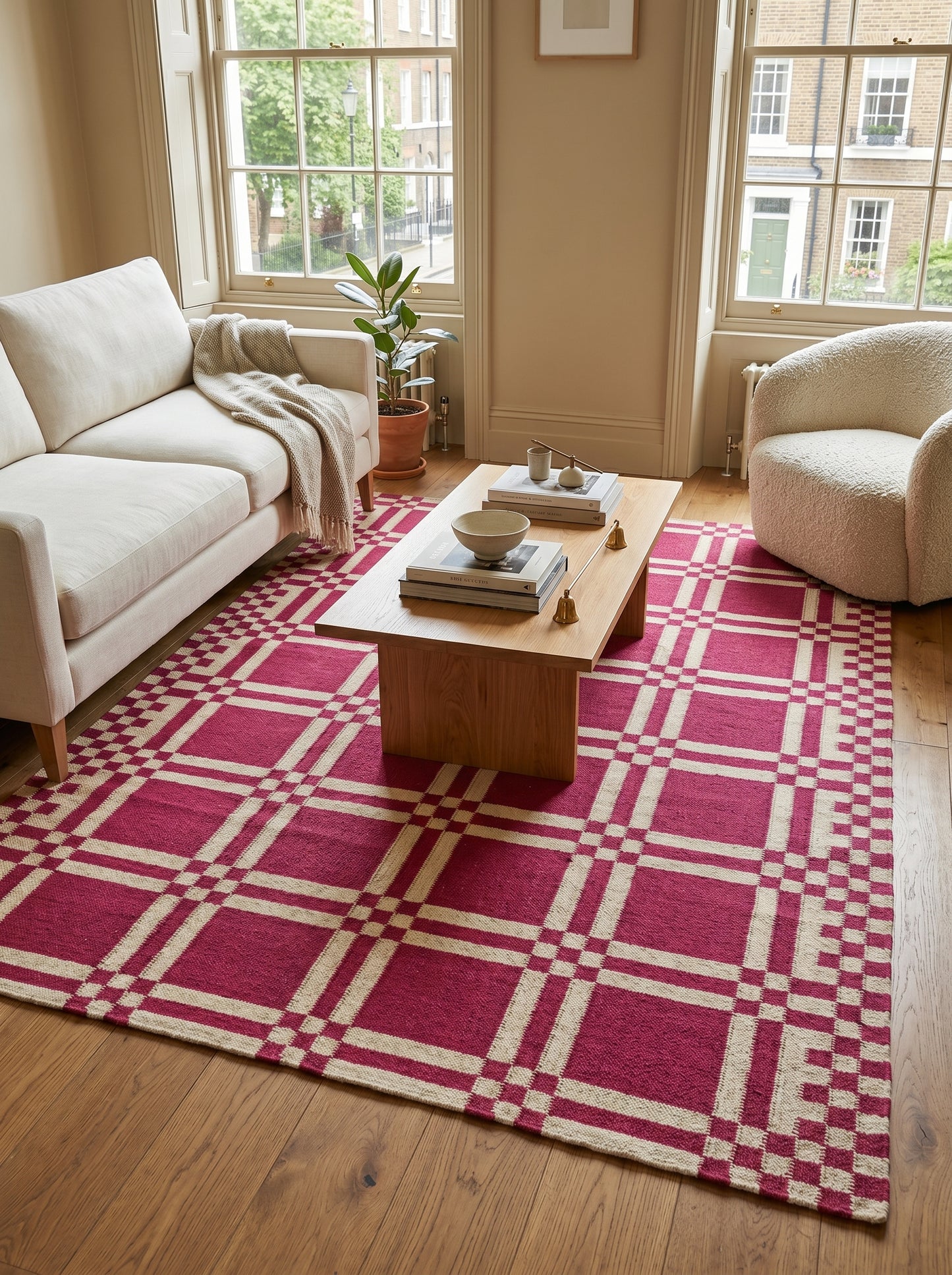 Modern Plaid Grid Crimson Pink and Off-White Flatweave Rug
