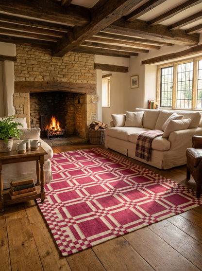 Modern Plaid Grid Crimson Pink and Off-White Flatweave Rug