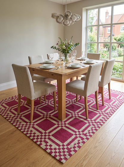 Modern Plaid Grid Crimson Pink and Off-White Flatweave Rug