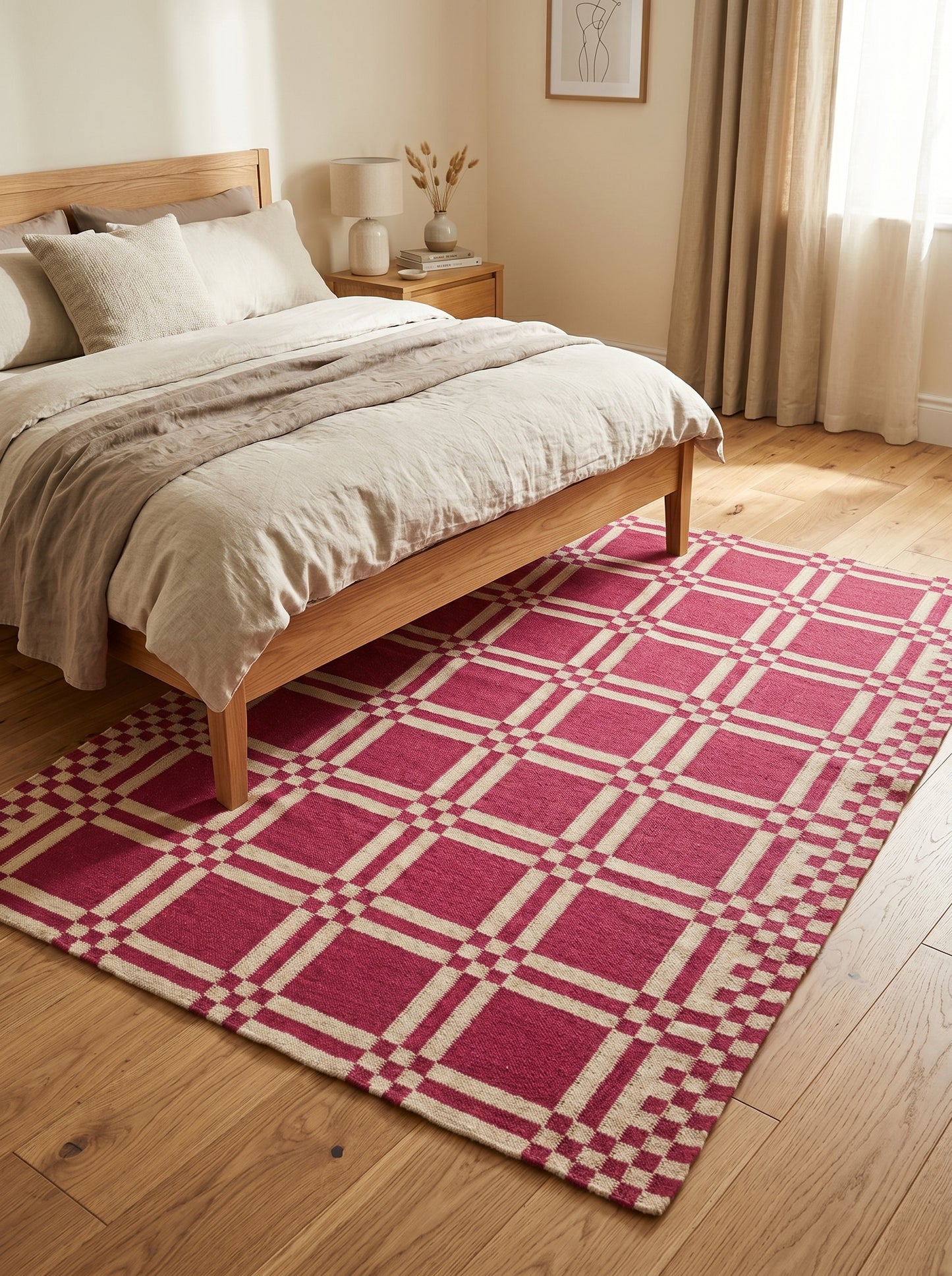 Modern Plaid Grid Crimson Pink and Off-White Flatweave Rug