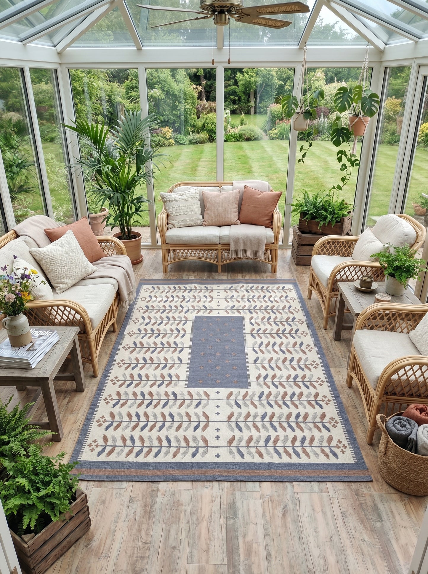 Earthy Terracotta and Blue Boho Dhurrie rug