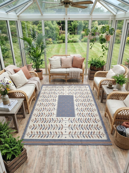 Earthy Terracotta and Blue Boho Dhurrie rug