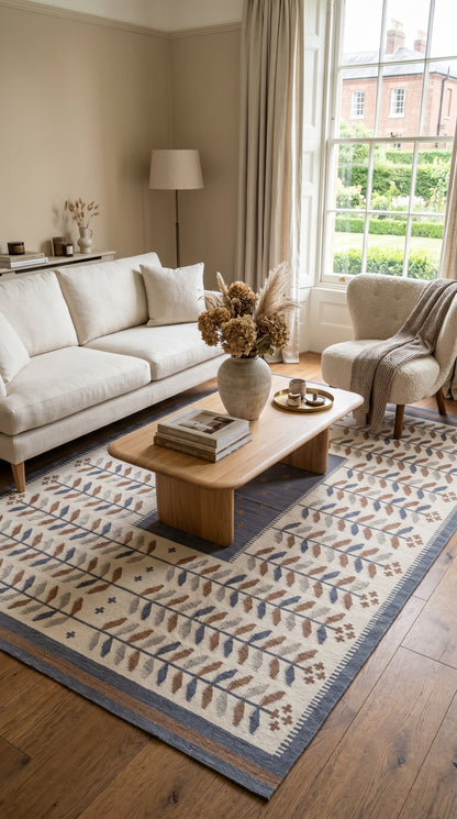 Earthy Terracotta and Blue Boho Dhurrie rug
