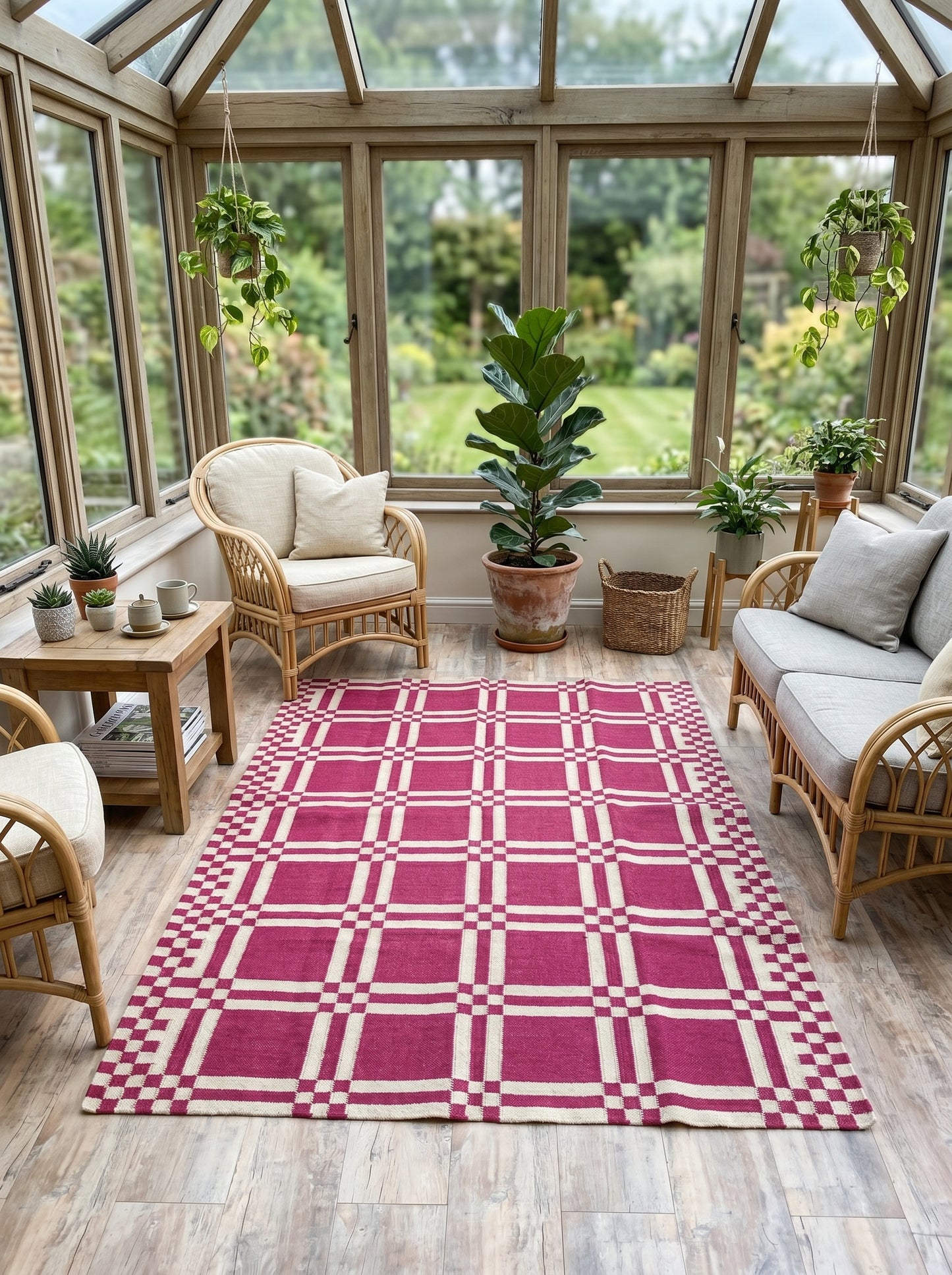 Modern Plaid Grid Crimson Pink and Off-White Flatweave Rug