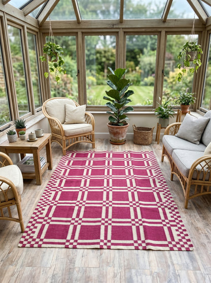 Modern Plaid Grid Crimson Pink and Off-White Flatweave Rug