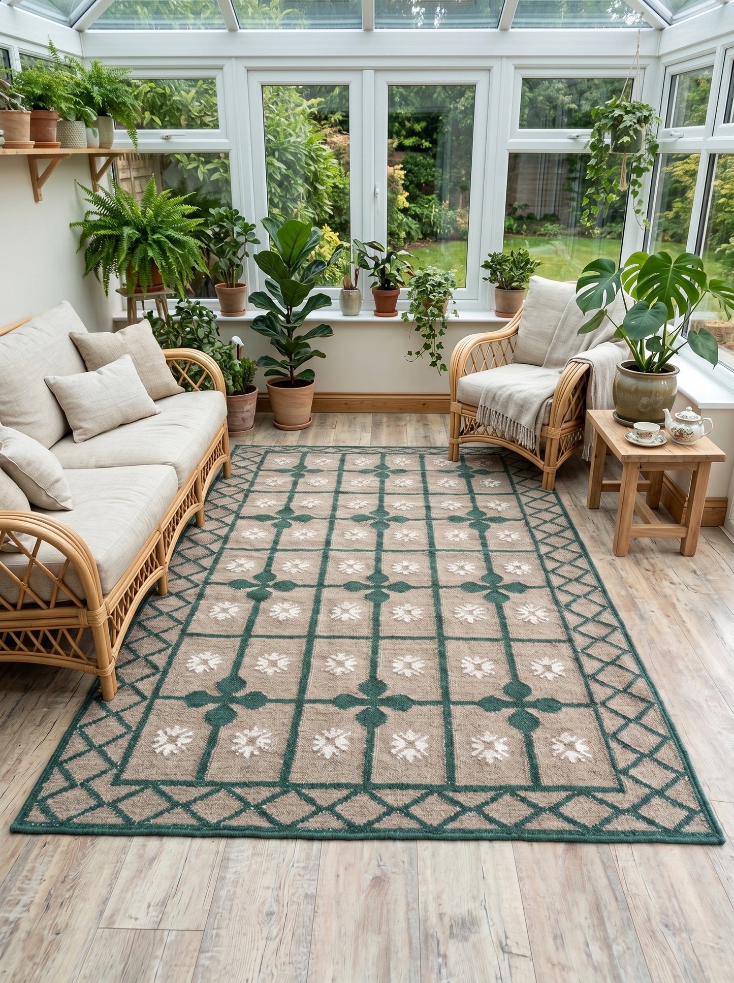 Handwoven Emerald Green Lattice Dhurrie Rug