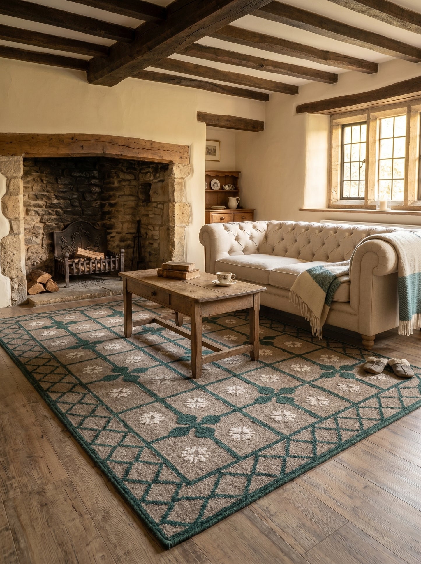 Handwoven Emerald Green Lattice Dhurrie Rug