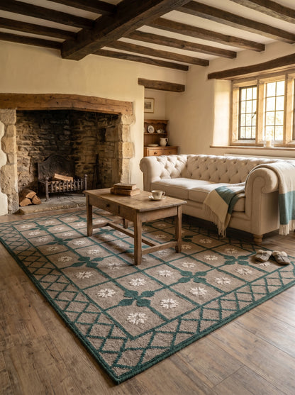 Handwoven Emerald Green Lattice Dhurrie Rug