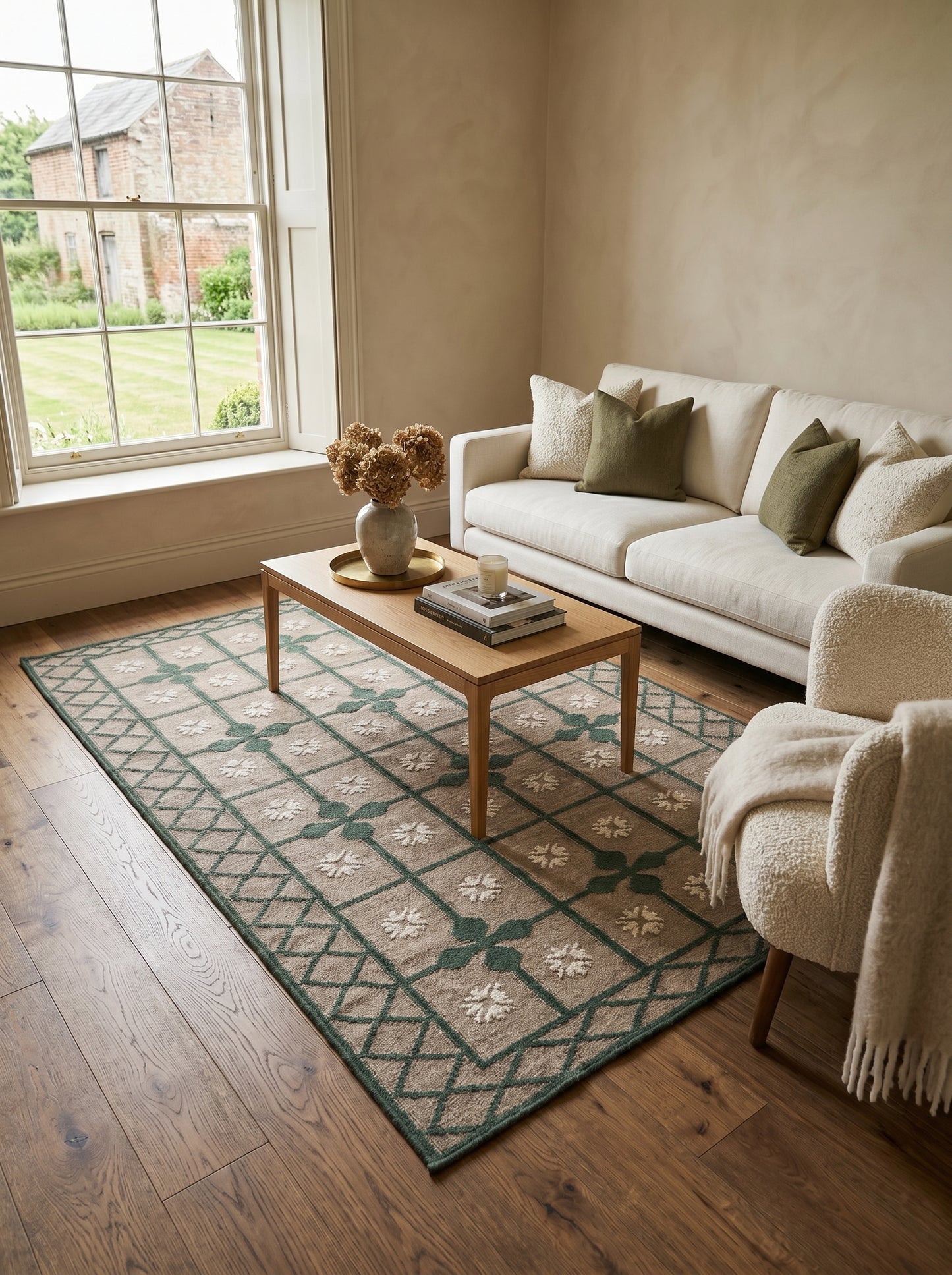 Handwoven Emerald Green Lattice Dhurrie Rug