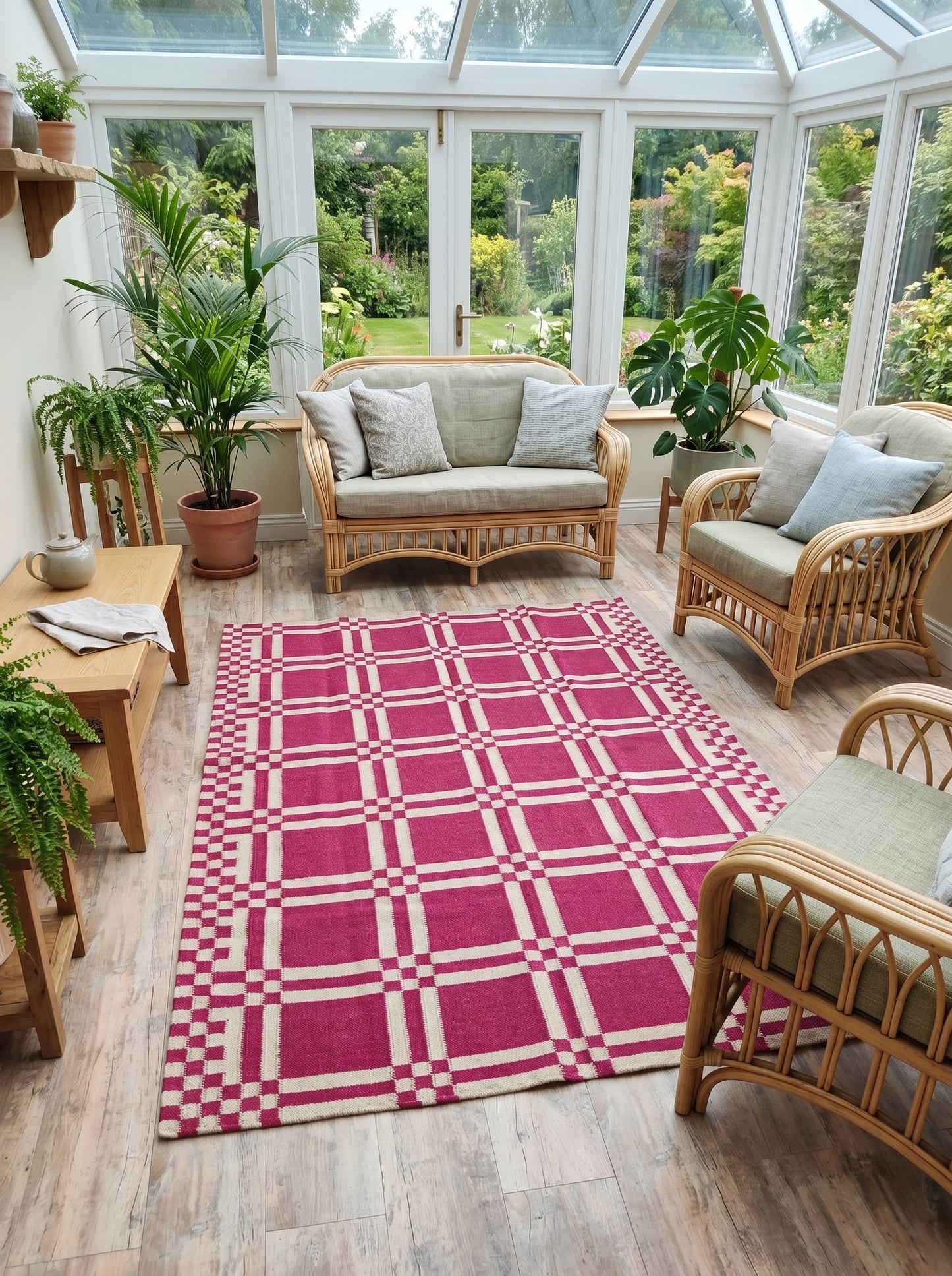 Modern Plaid Grid Crimson Pink and Off-White Flatweave Rug
