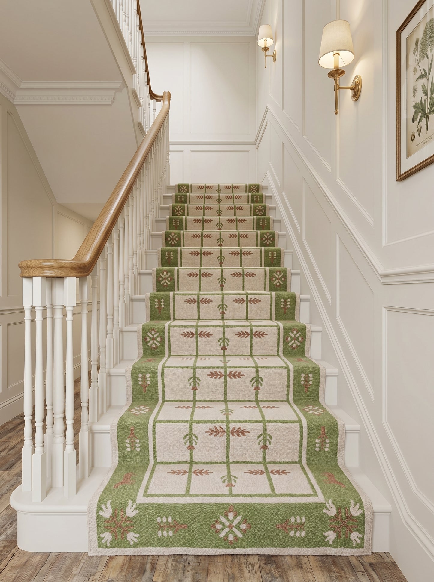 Basil Botanical Trellis Vintage Green and Cream Wool Cotton Dhurrie Rug