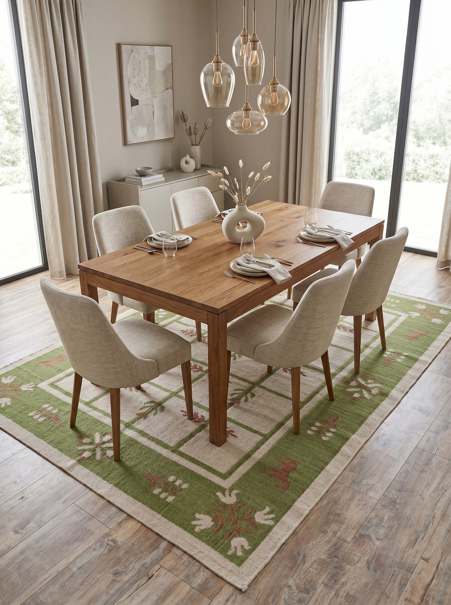 Basil Botanical Trellis Vintage Green and Cream Wool Cotton Dhurrie Rug