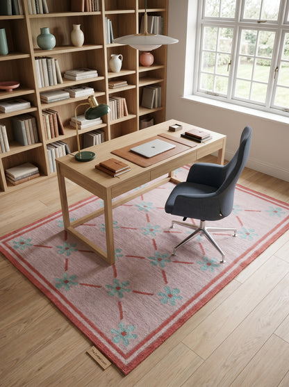 Blush Meadow Pastel Pink and Mint Floral Wool Cotton Dhurrie Rug