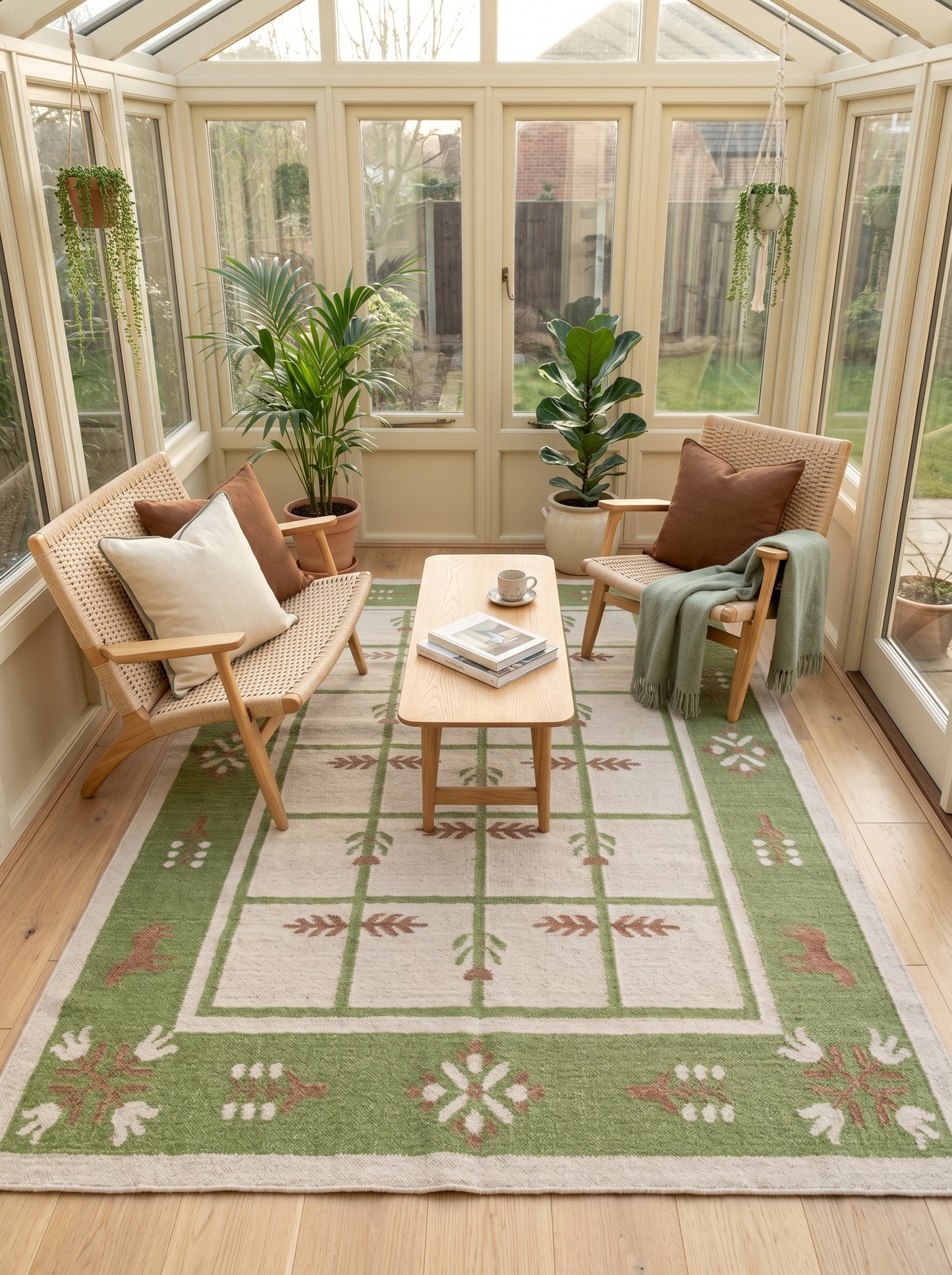 Basil Botanical Trellis Vintage Green and Cream Wool Cotton Dhurrie Rug