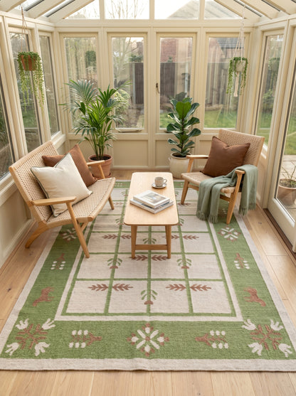 Basil Botanical Trellis Vintage Green and Cream Wool Cotton Dhurrie Rug