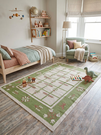 Basil Botanical Trellis Vintage Green and Cream Wool Cotton Dhurrie Rug