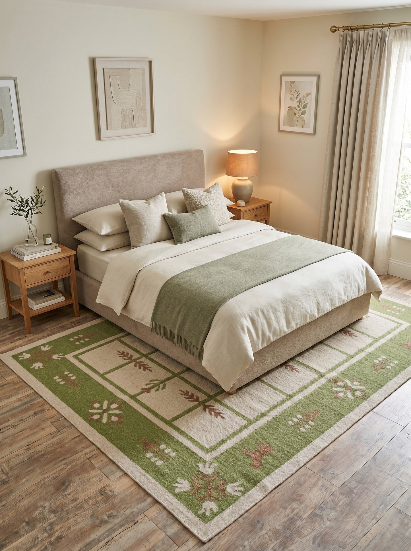 Basil Botanical Trellis Vintage Green and Cream Wool Cotton Dhurrie Rug