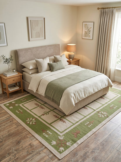 Basil Botanical Trellis Vintage Green and Cream Wool Cotton Dhurrie Rug