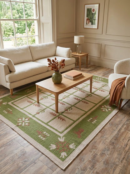 Basil Botanical Trellis Vintage Green and Cream Wool Cotton Dhurrie Rug