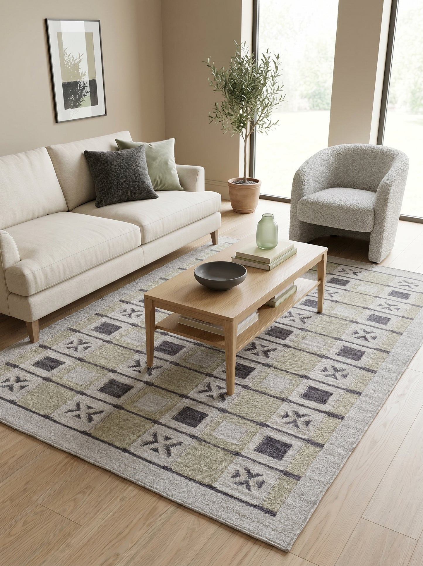 Sage Geometric Grid Modern Earth Tone Wool Cotton Dhurrie Rug