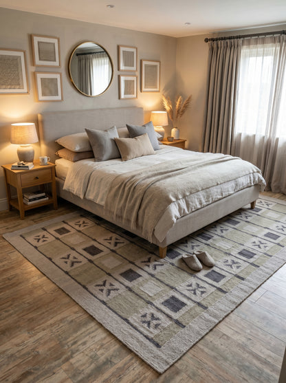 Sage Geometric Grid Modern Earth Tone Wool Cotton Dhurrie Rug