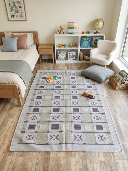 Sage Geometric Grid Modern Earth Tone Wool Cotton Dhurrie Rug