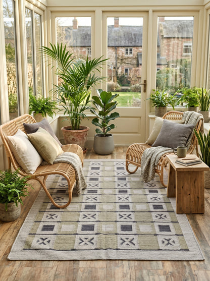 Sage Geometric Grid Modern Earth Tone Wool Cotton Dhurrie Rug