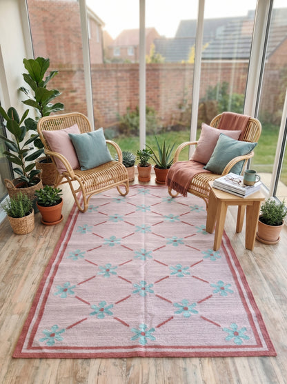 Blush Meadow Pastel Pink and Mint Floral Wool Cotton Dhurrie Rug