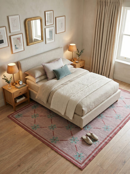 Blush Meadow Pastel Pink and Mint Floral Wool Cotton Dhurrie Rug