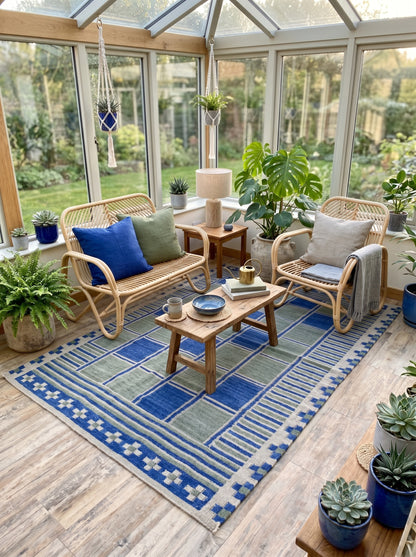 Nomad Block Pattern Geometric Wool Cotton Dhurrie Rug