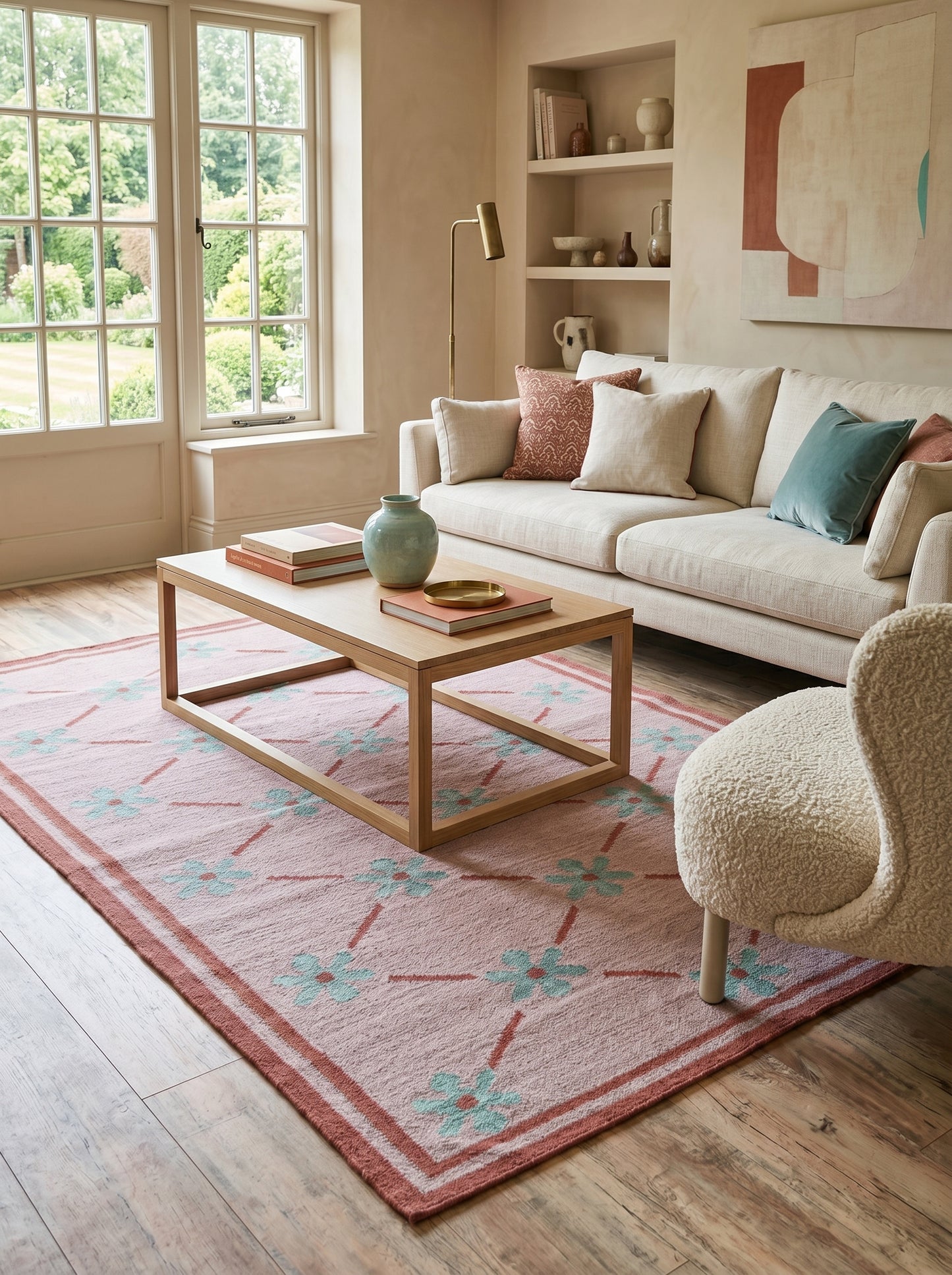 Blush Meadow Pastel Pink and Mint Floral Wool Cotton Dhurrie Rug