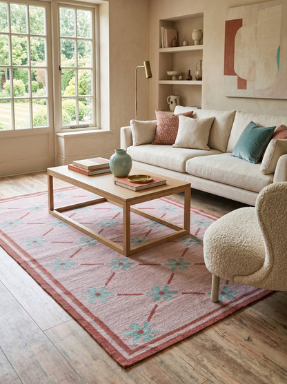 Blush Meadow Pastel Pink and Mint Floral Wool Cotton Dhurrie Rug