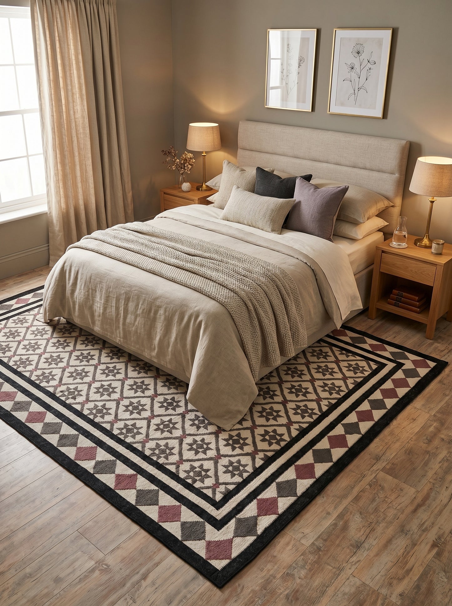 Midnight Star Lattice Charcoal Grey and Mauve Cotton Wool Dhurrie Rug
