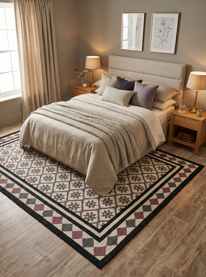 Midnight Star Lattice Charcoal Grey and Mauve Cotton Wool Dhurrie Rug