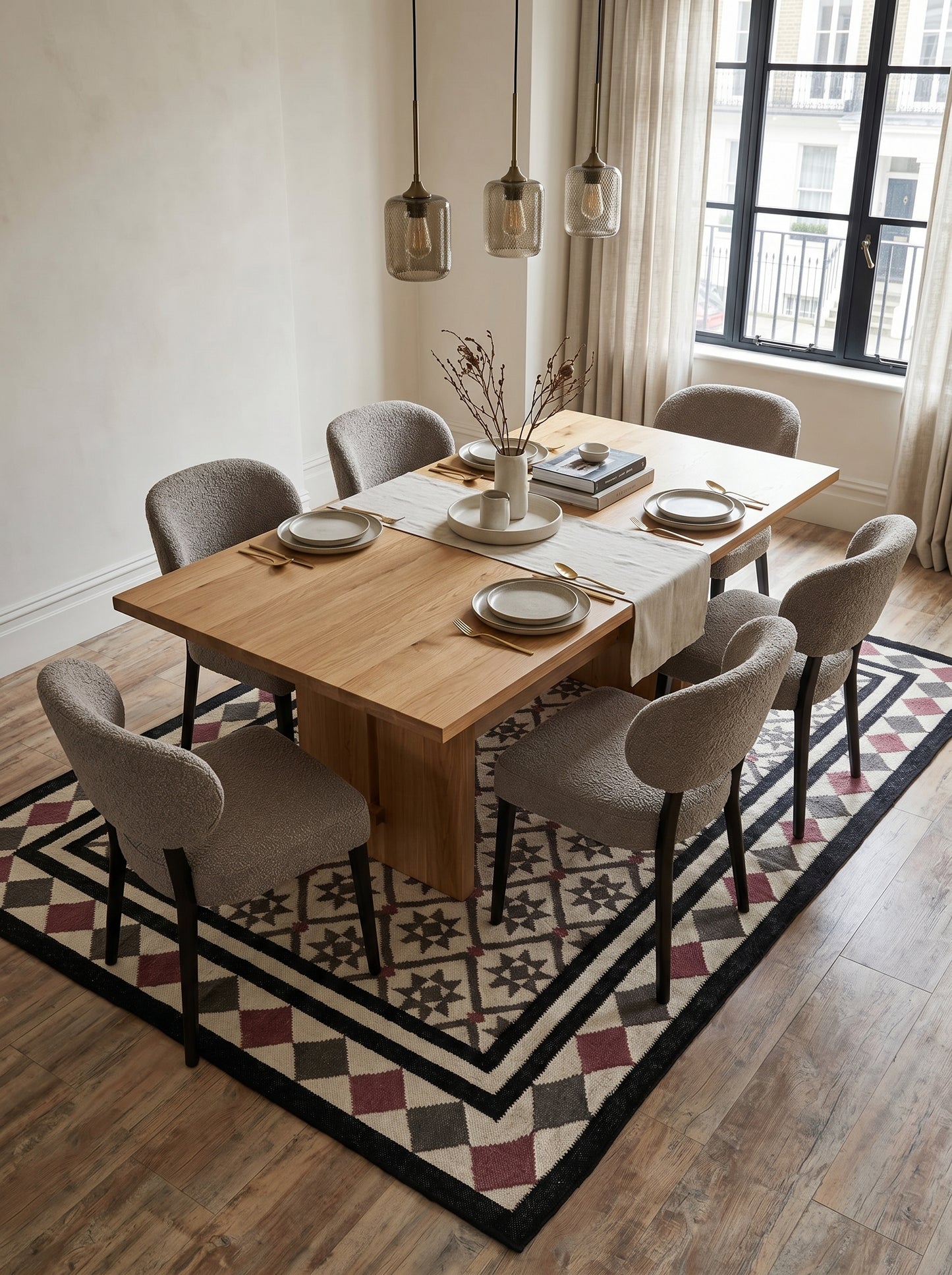 Midnight Star Lattice Charcoal Grey and Mauve Cotton Wool Dhurrie Rug